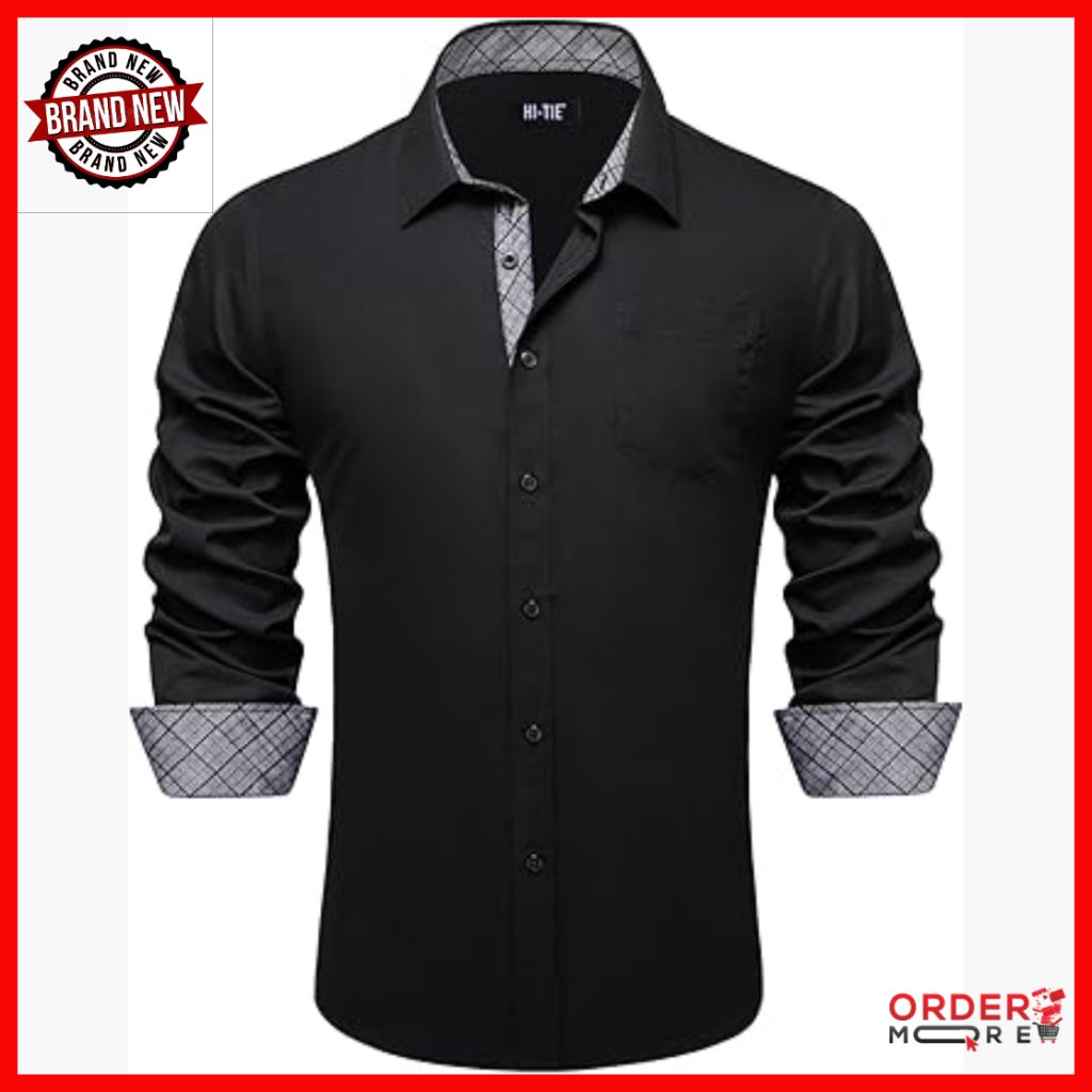 Men's Wrinkle-Free Long Sleeve Button Down Shirt With Contrast Jacquard Details